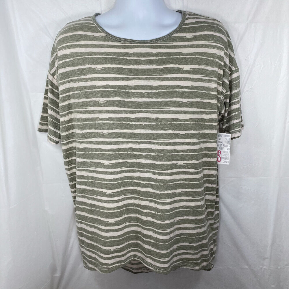 LulaRoe Women's Small Irma Hi Lo Green Beige Striped Oversized Pullover T Shirt